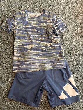 adidas Blue & Light Green Camo Tee with Blue Athletic Shorts